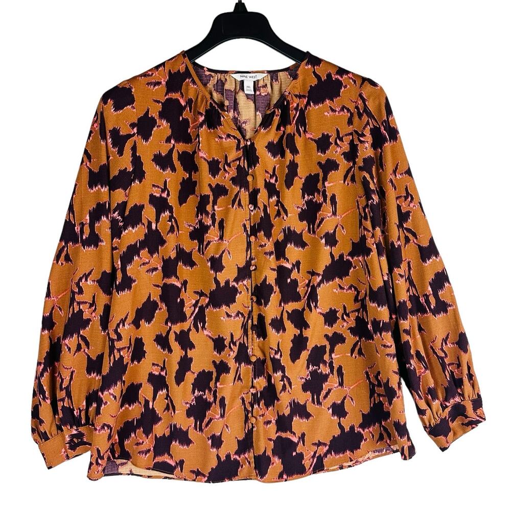 Nine West Womans Sz‎ XXL Blouse Long Sleeve Brown Pink Button Front Abstract